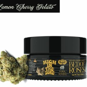 Bed of Roses Lemon Cherry Gelato premium cannabis flower with vibrant colorful buds covered in trichomes and a sweet citrus cherry aroma
